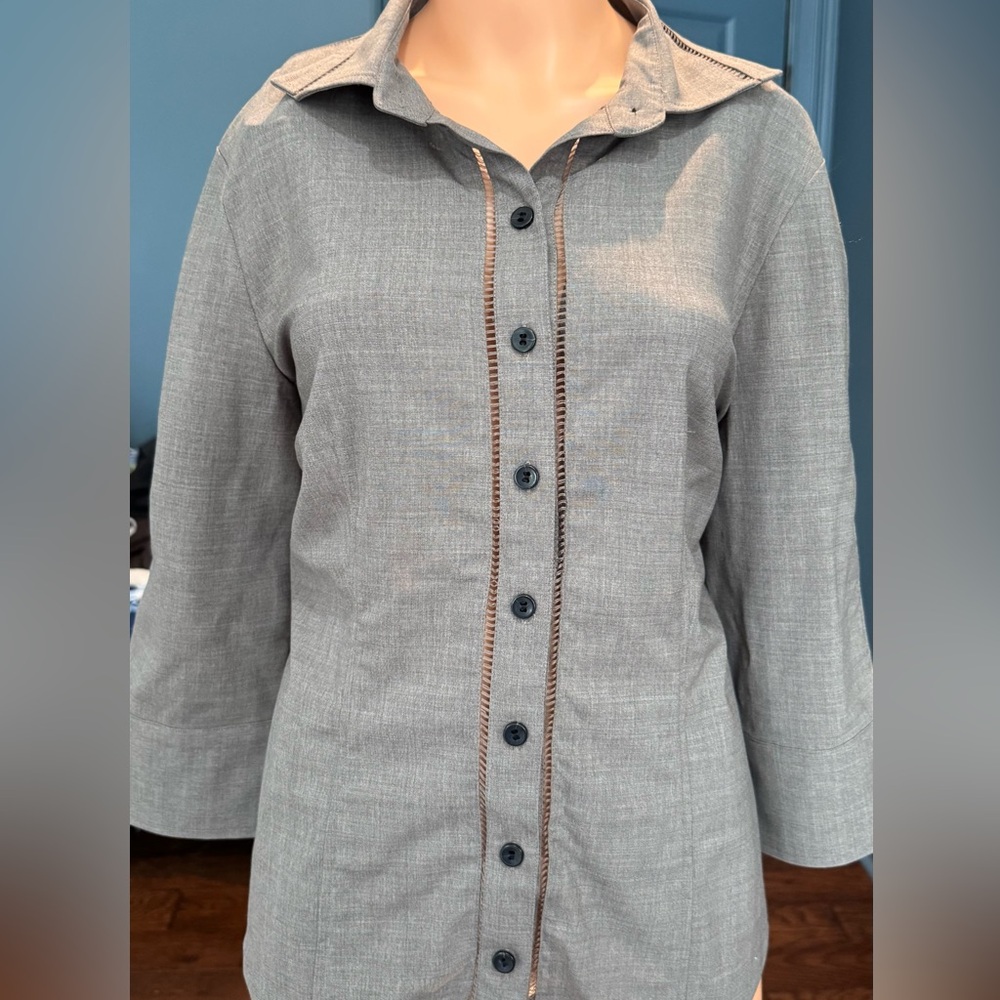 Worth Wool Blend Button Shirt Top Taupe 3/4 Sleeve Womens 14 - Picture 2 of 9
